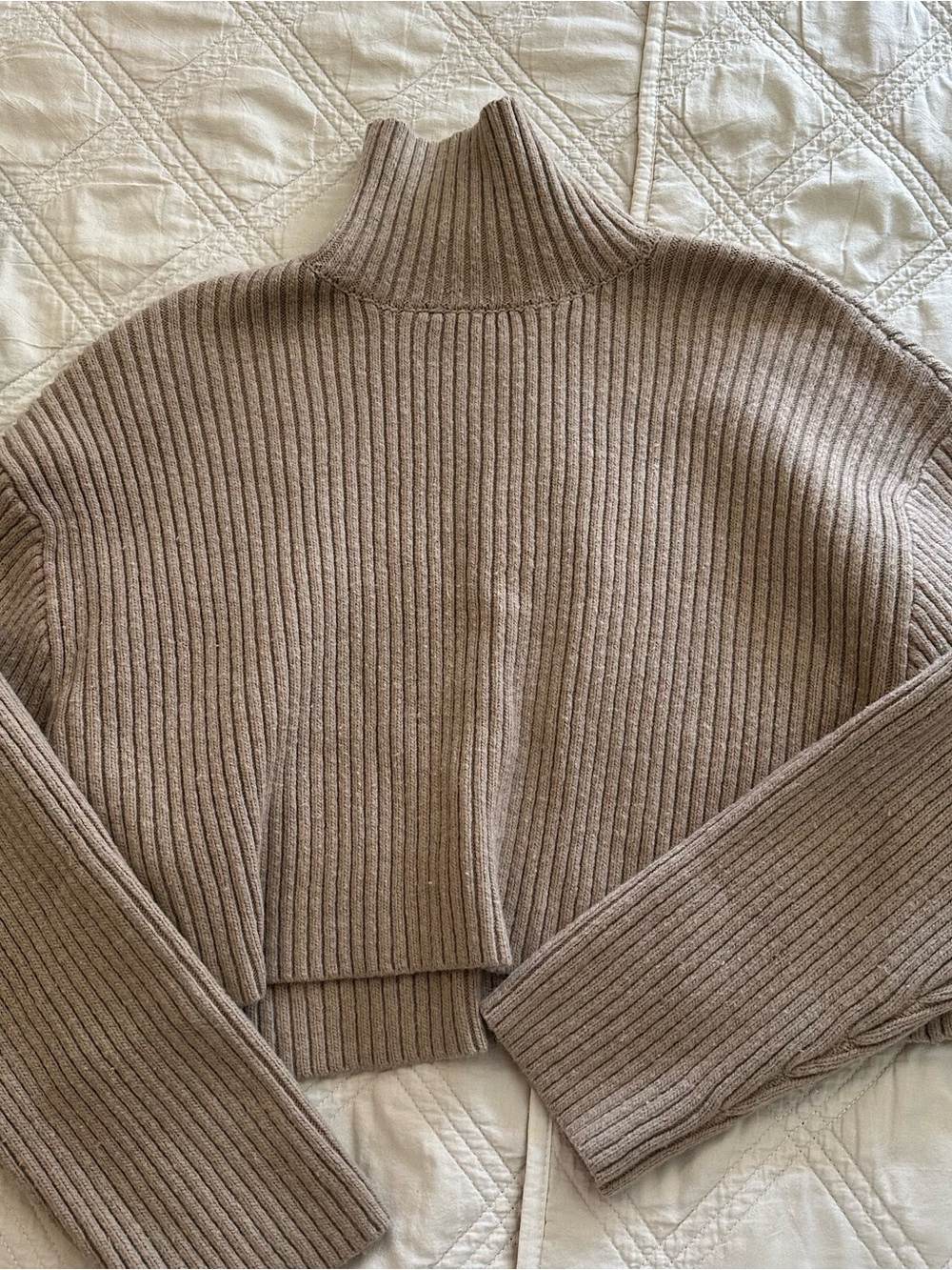 H&M Women's Taupe Ribbed Cropped Turtleneck Sweater